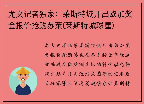 尤文记者独家：莱斯特城开出欧加奖金报价抢购苏莱(莱斯特城球星)