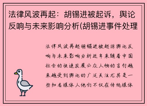 法律风波再起：胡锡进被起诉，舆论反响与未来影响分析(胡锡进事件处理结果)